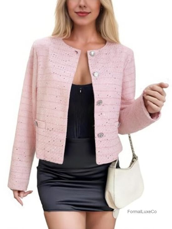 Jackets & Blazers - Tweed Blazer Long Sleeve Open Front Casual Jacket for Work